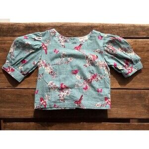Bombay Paisley XS Linen Crop Top Bird Print Puff Sleeve Blouse Fairy Garden